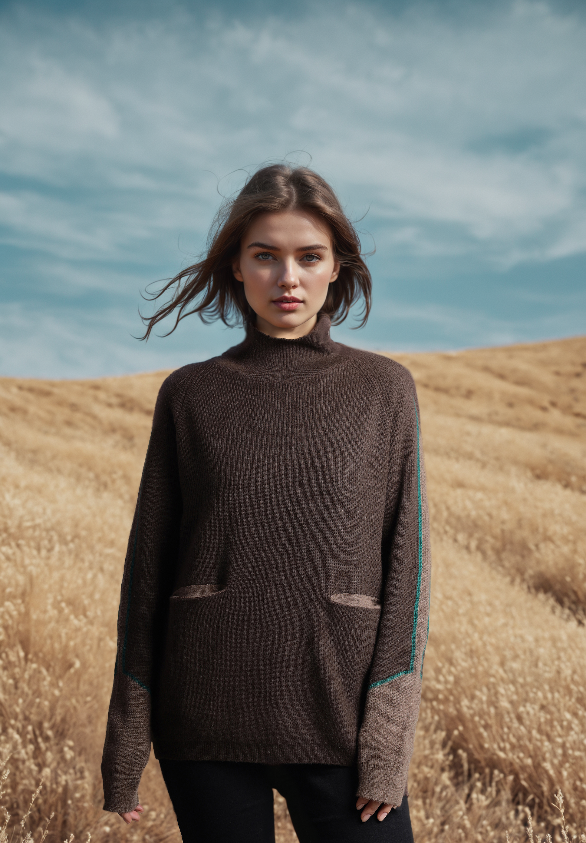 Mongolian Yak Wool Sweater Pockets Cozy High Neck Pullover Soft Insulating Unique Contrast Sleeves