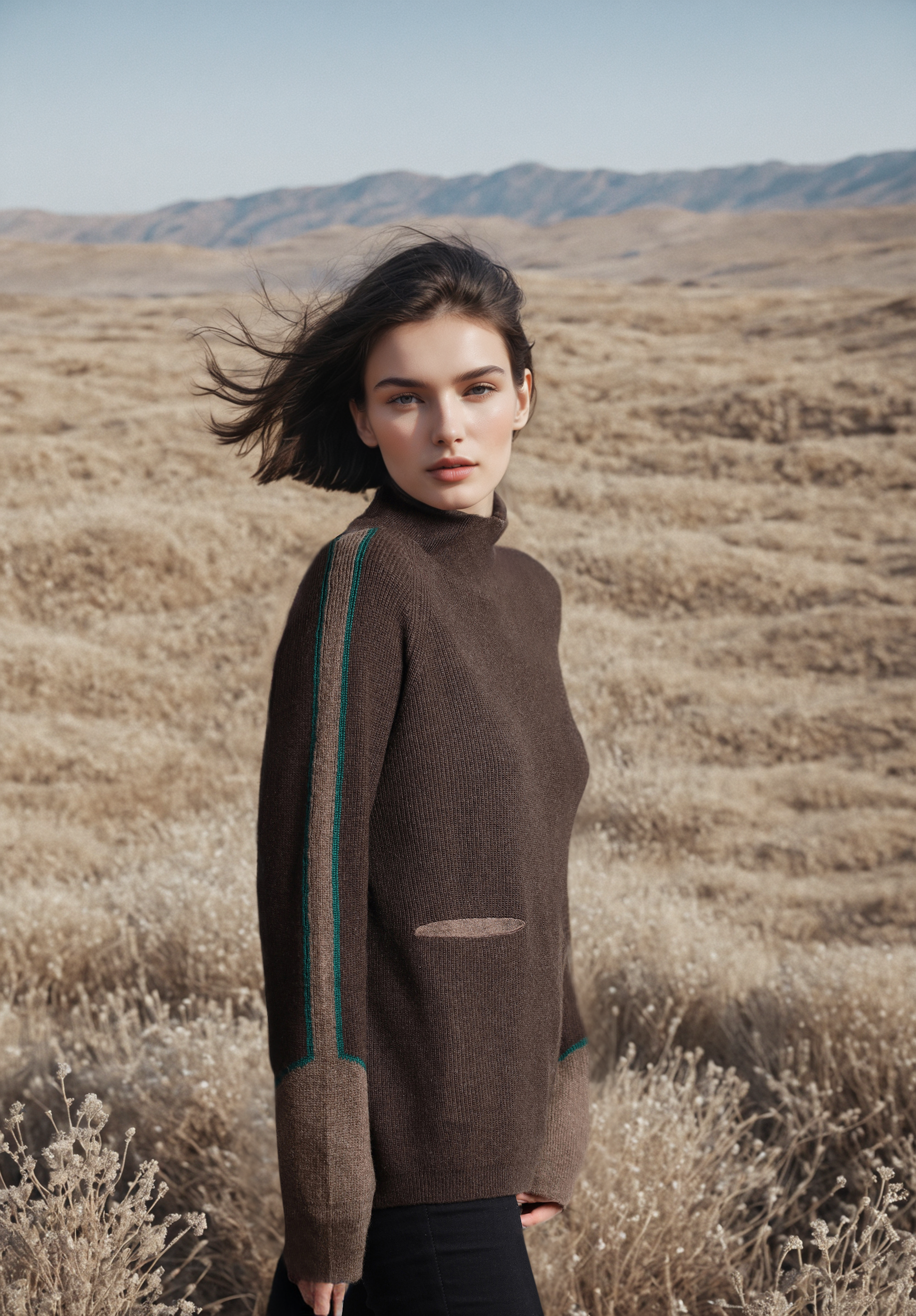Mongolian Yak Wool Sweater Pockets Cozy High Neck Pullover Soft Insulating Unique Contrast Sleeves