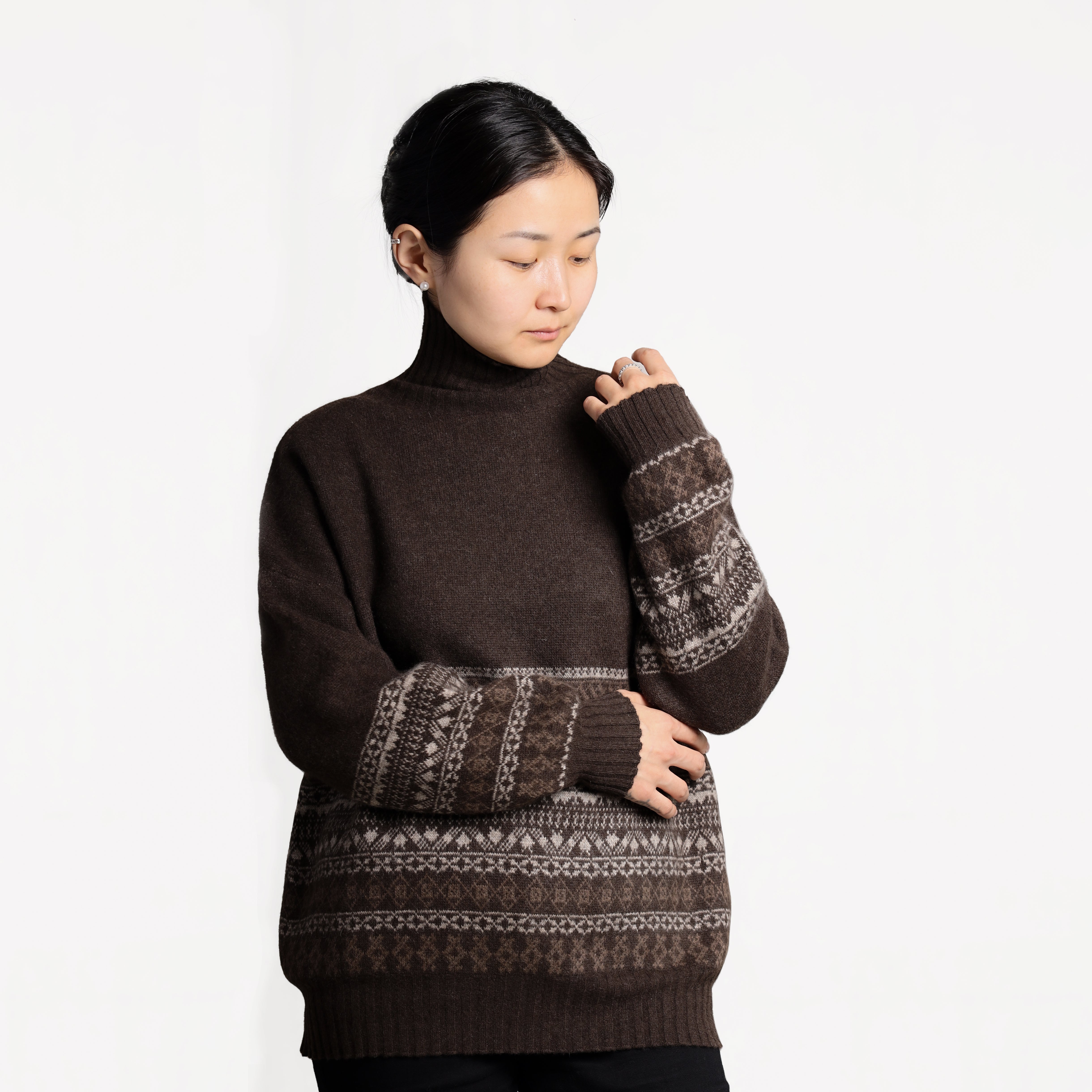Yak Wool Turtleneck Sweater Fair Isle Knit Warm Breathable Sustainable Winter Pullover Women