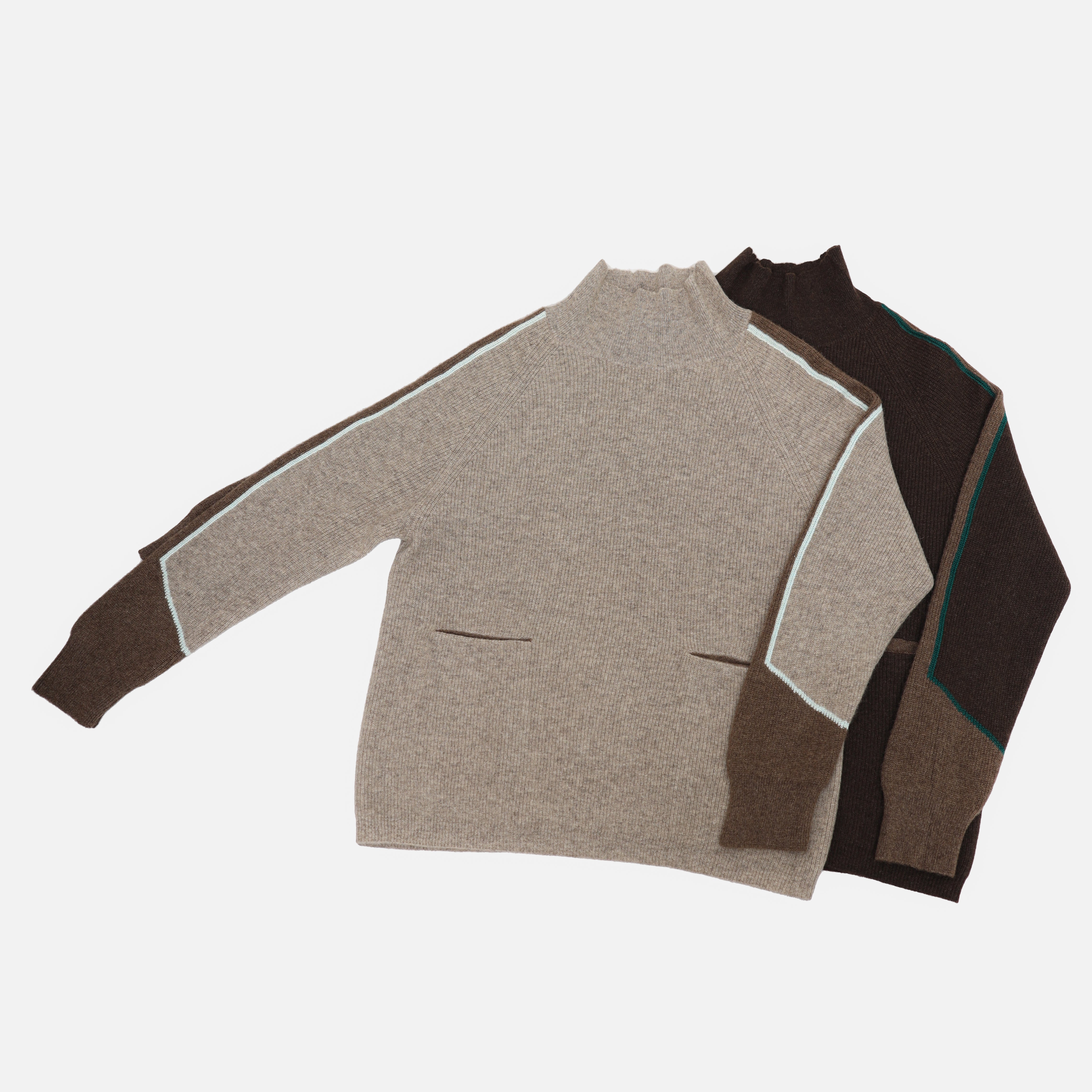 Mongolian Yak Wool Sweater Pockets Cozy High Neck Pullover Soft Insulating Unique Contrast Sleeves