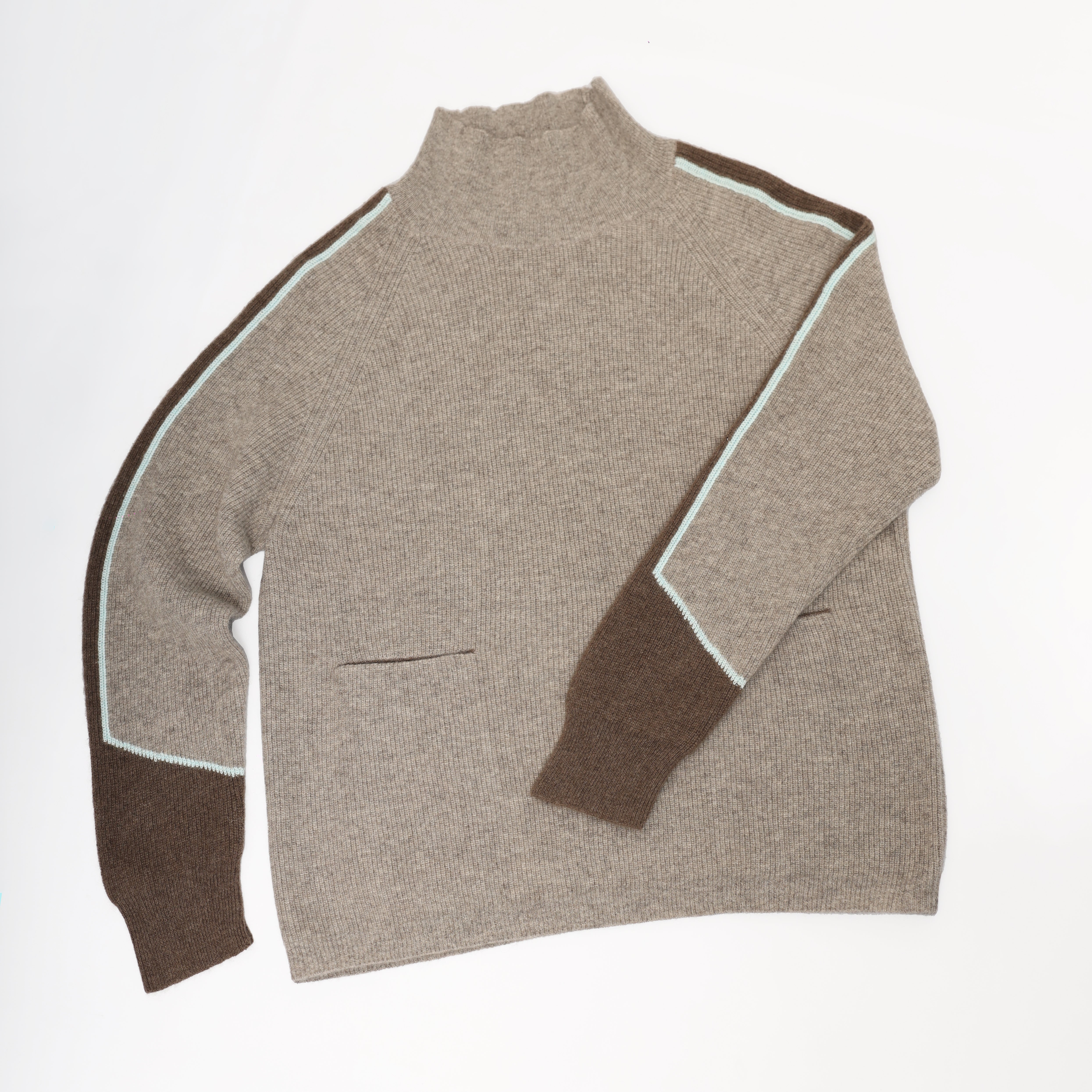 Mongolian Yak Wool Sweater Pockets Cozy High Neck Pullover Soft Insulating Unique Contrast Sleeves