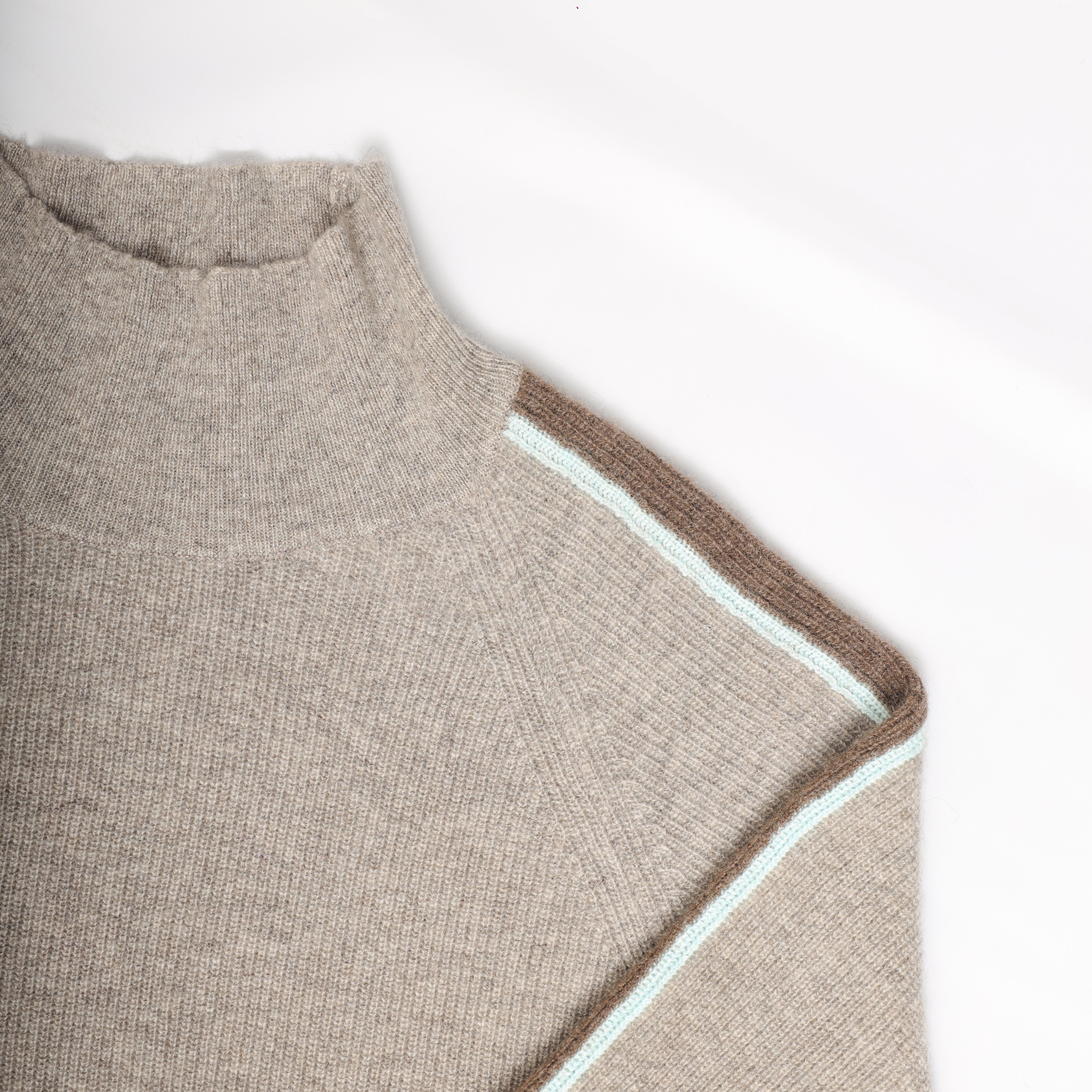 Mongolian Yak Wool Sweater Pockets Cozy High Neck Pullover Soft Insulating Unique Contrast Sleeves