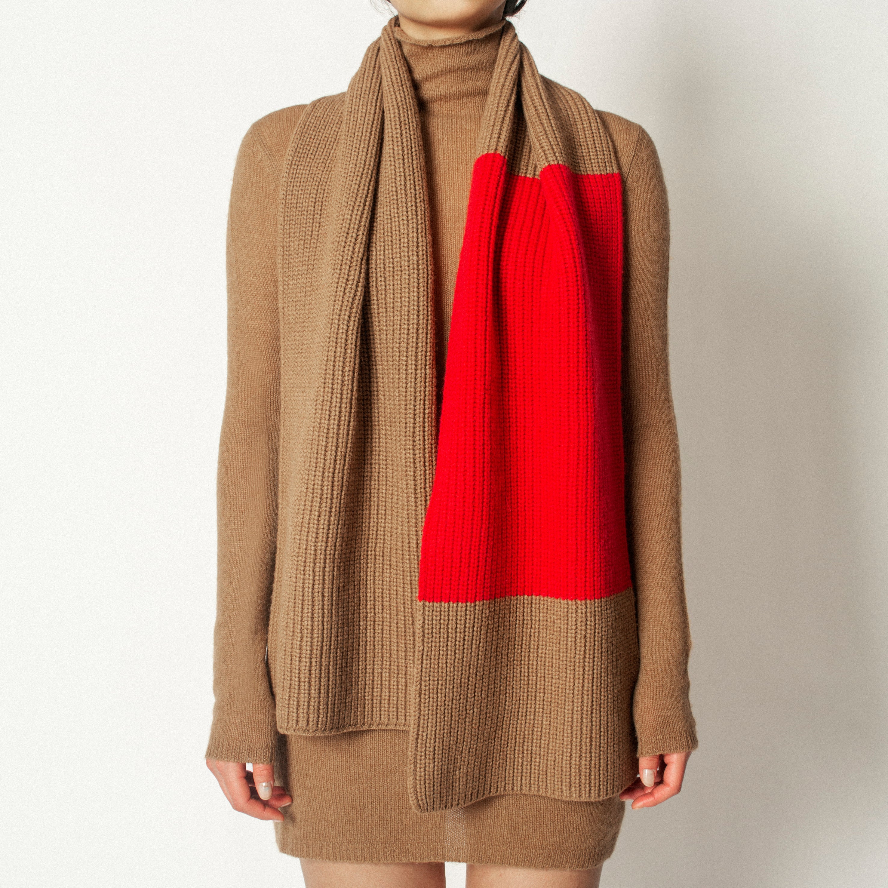 Camel Wool Chunky Ribbed Scarf Cashmere Cathartic Stripe