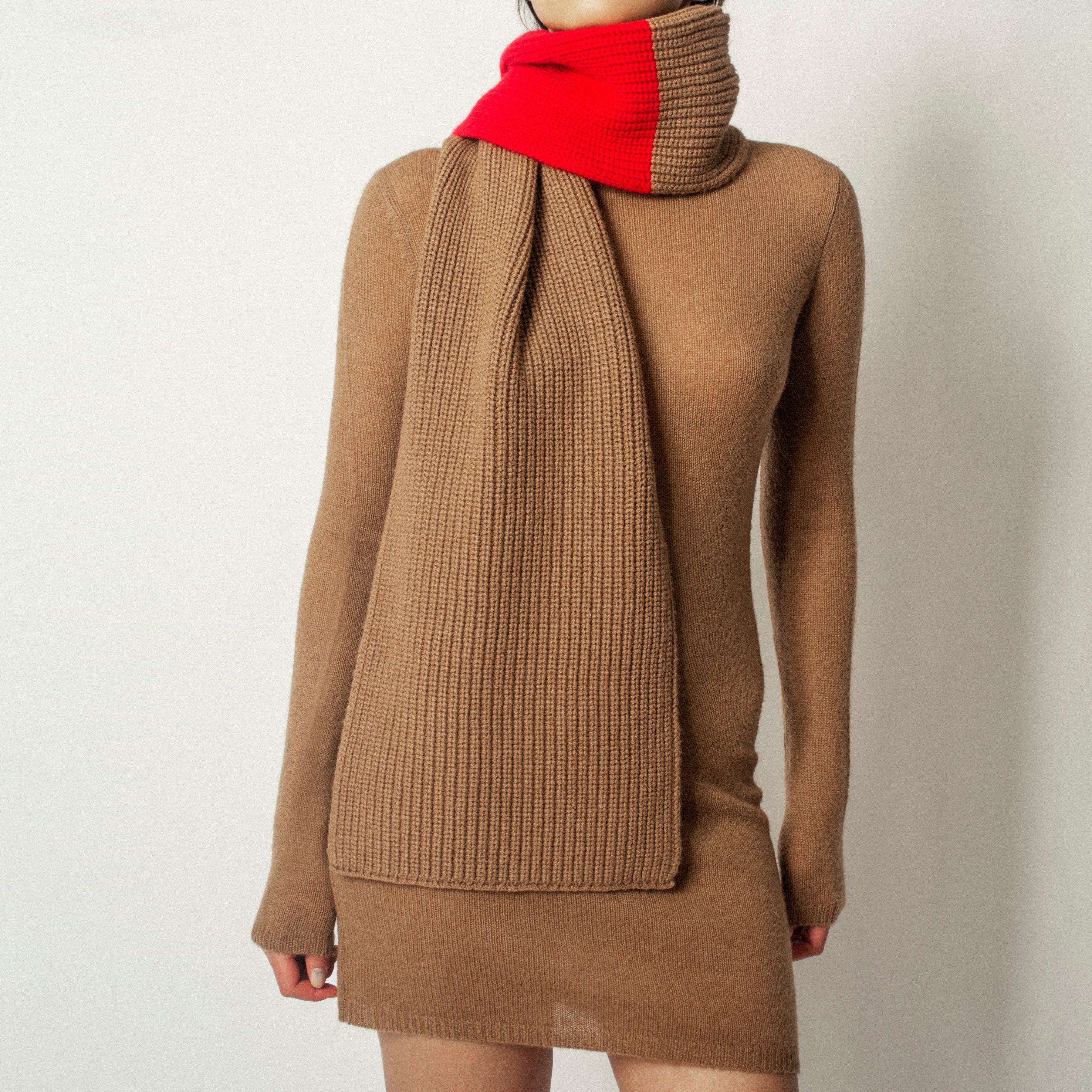 Camel Wool Chunky Ribbed Scarf Cashmere Cathartic Stripe