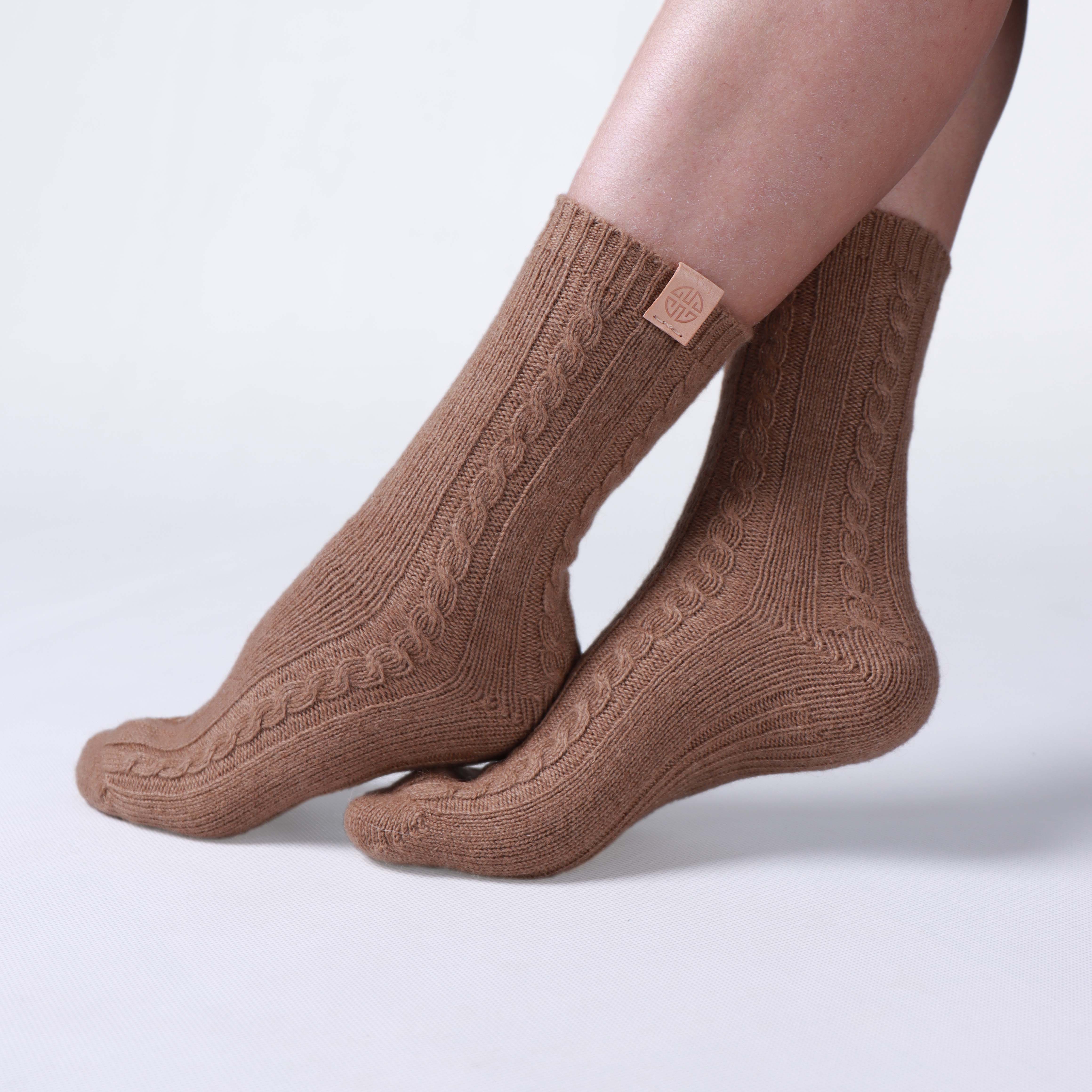 Camel Wool Donegal Cable Knit Socks Soft Warm Sustainable